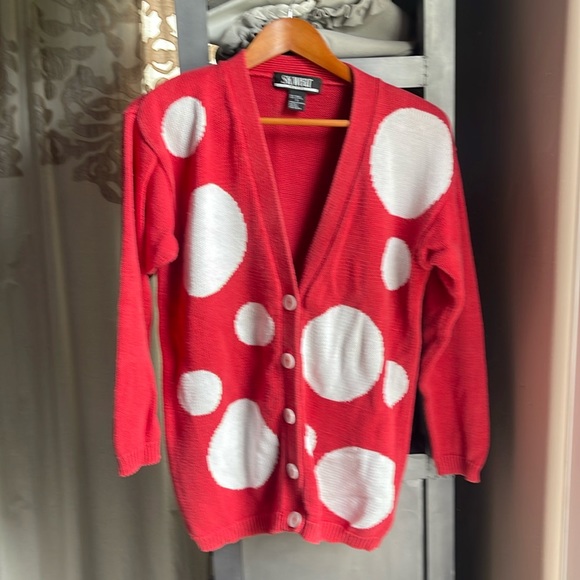 Red white mushrooms shrooms sweater, sz P tag, it is large or XL cardigan V-neck - Picture 1 of 5